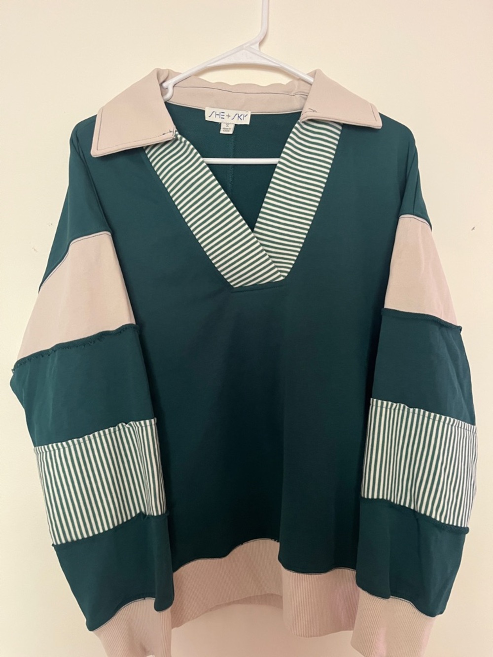 She + Sky Dark Green Pullover with Cream Accents